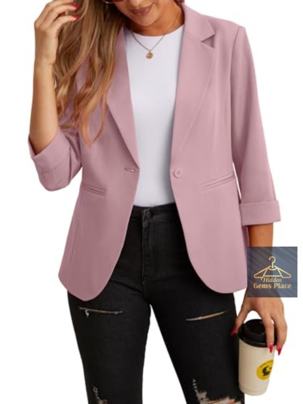 Women's 3/4 Sleeve Blazer Lapel Button Front Suit Jacket Career